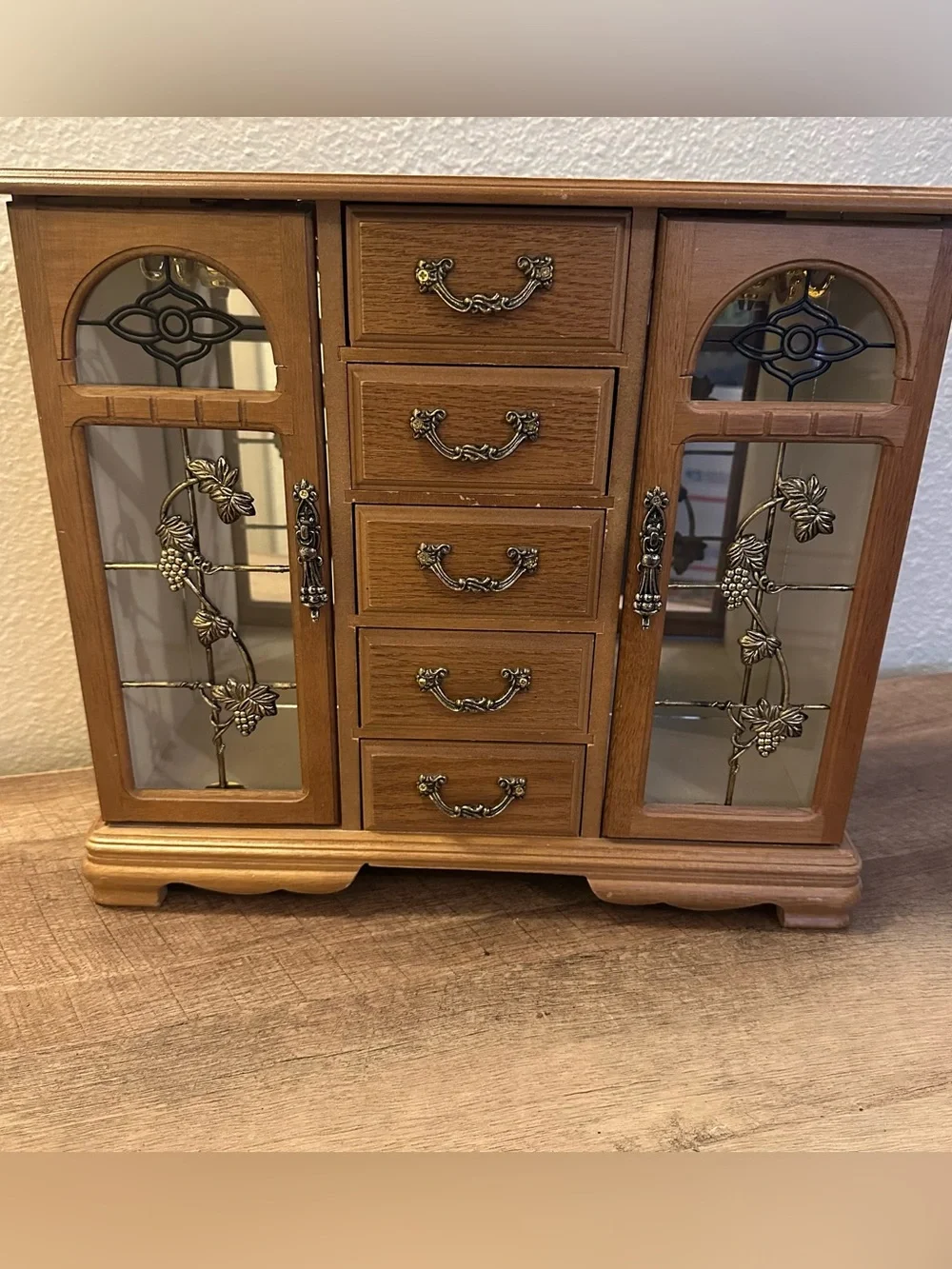 Wooden Jewelry Box with Decorative Glass Doors and Metal Accents 13”Tall 15 Wide